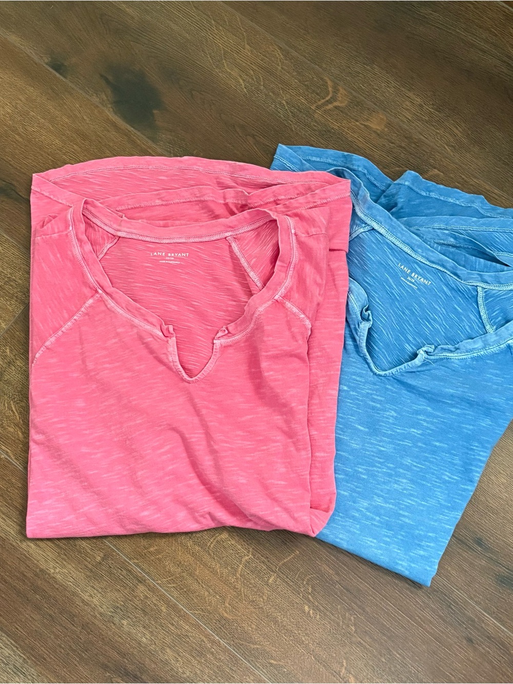 EUC Lane Bryant Pink and Blue Notch-Neck Short Sleeve Tees With Dyed Worn Look